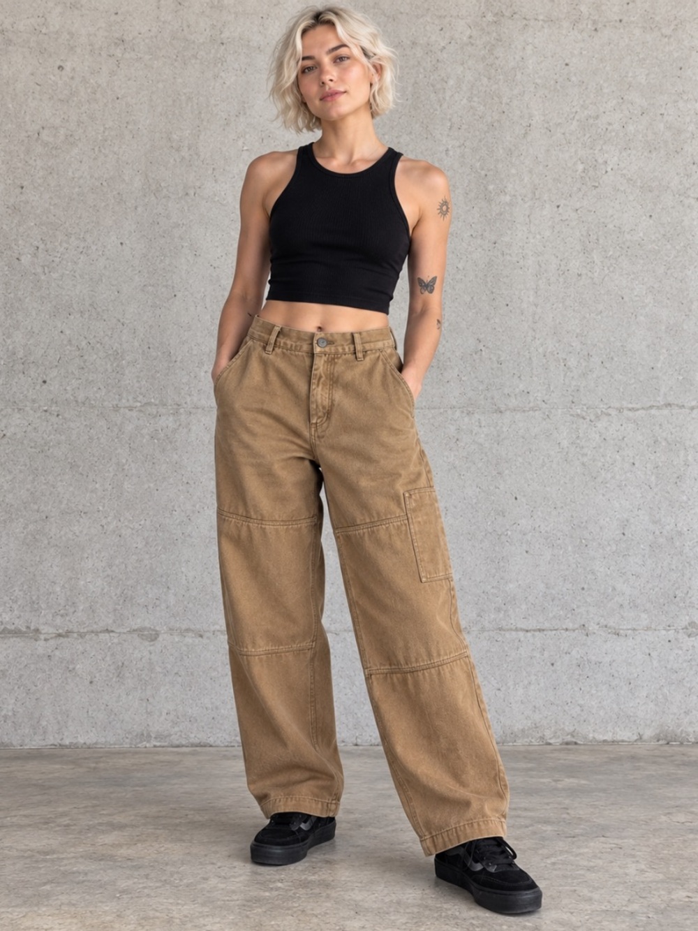 Afends Richmond Hemp Baggy Fit Cargo Wide Leg Pants Organic Cotton Brown 32
